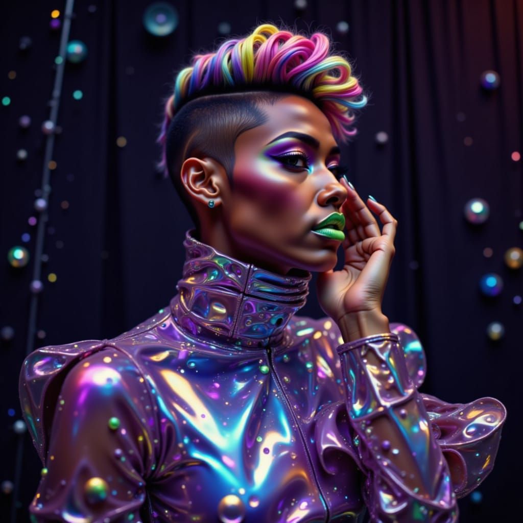 Stunning sci-fi high tech dress made out of shimmering flexible glass panels that work as mini screens showing clips of movies, music videos...