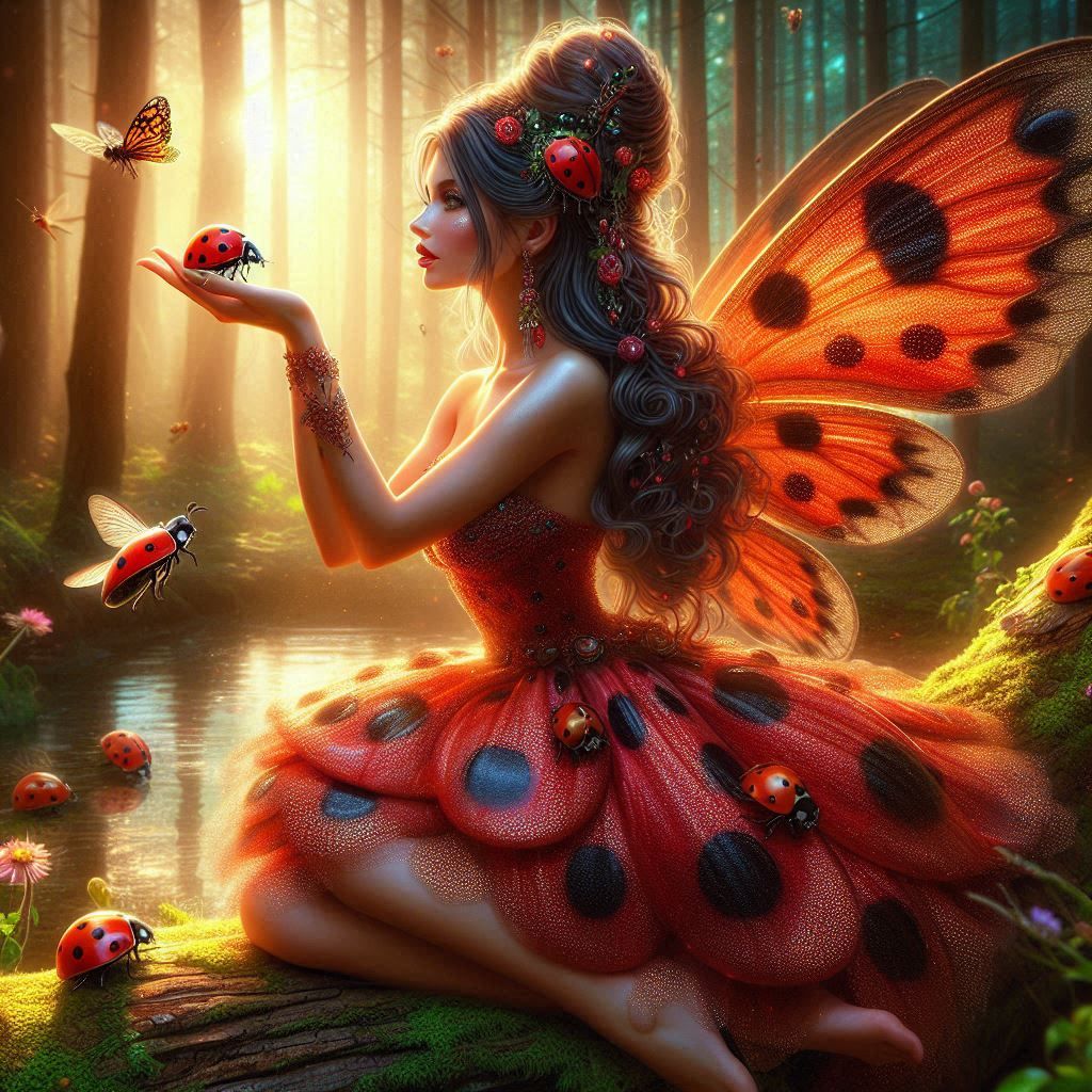 Ladybird Fairy in a glade by a pool