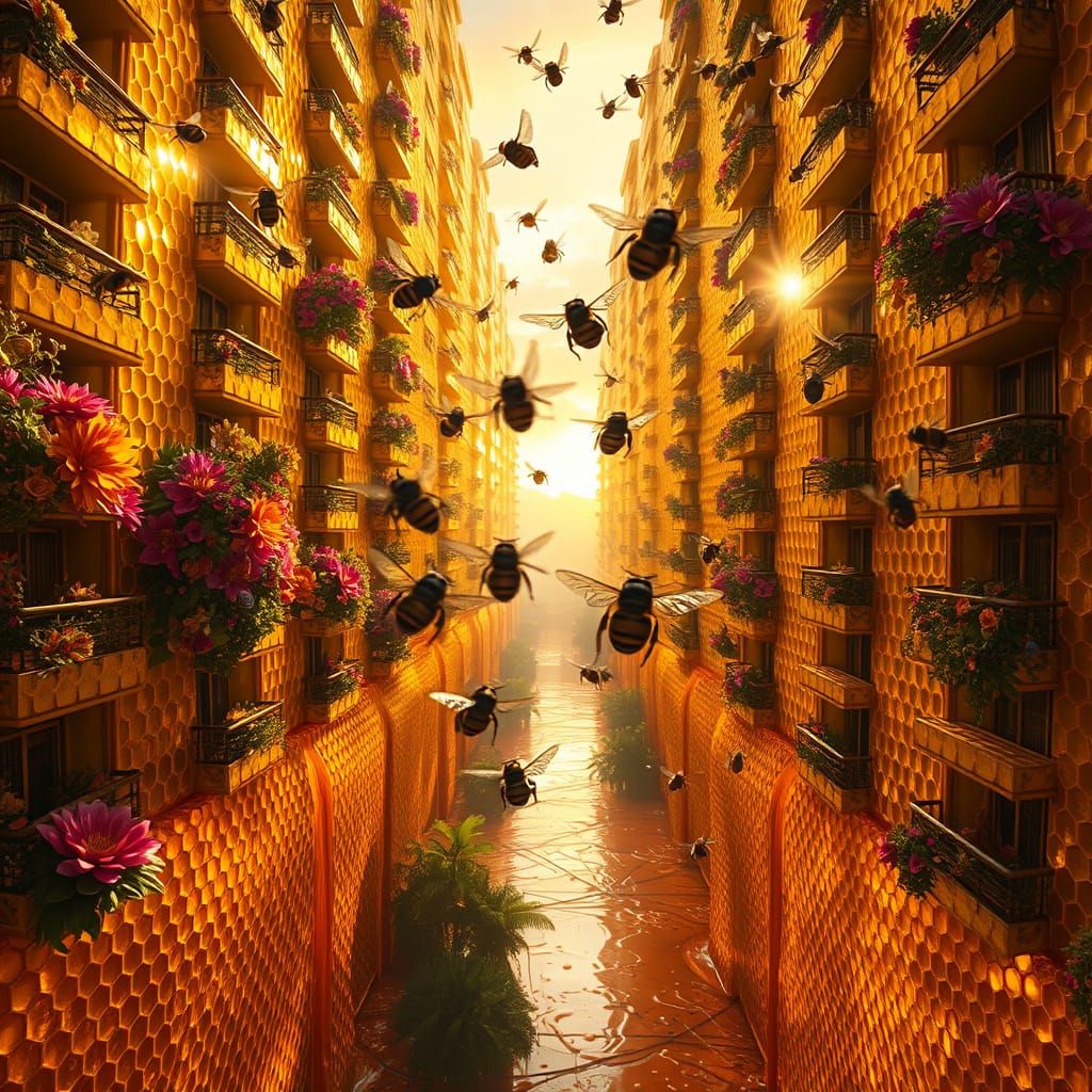 bees fly and collect nectar from flowers that grow in the windows of apartment blocks built of bee honey, ...  by @Ivik