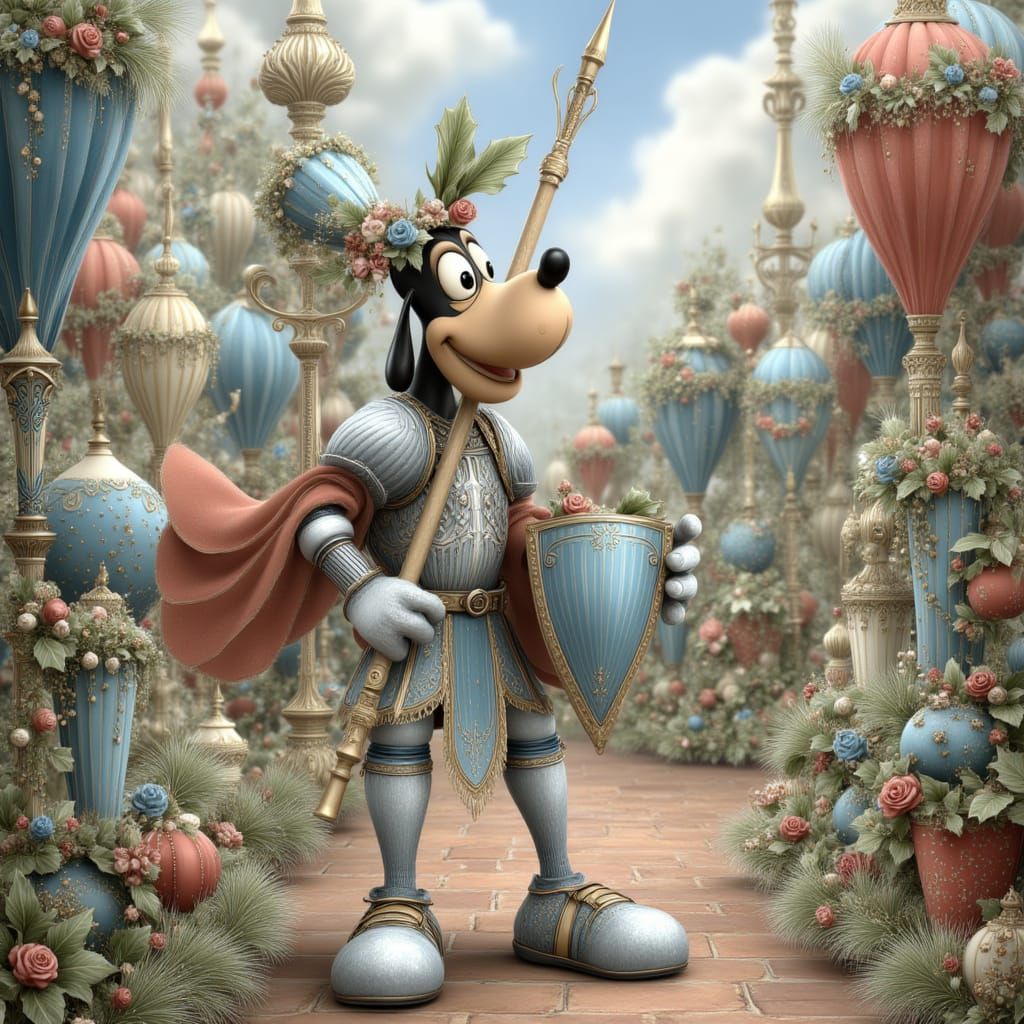 <lora:HOLIDAY MAGIC:1.0> Goofy, in the style of vintage Disney animation, depicted as a knight in shining armor, holding a lance, standing ...