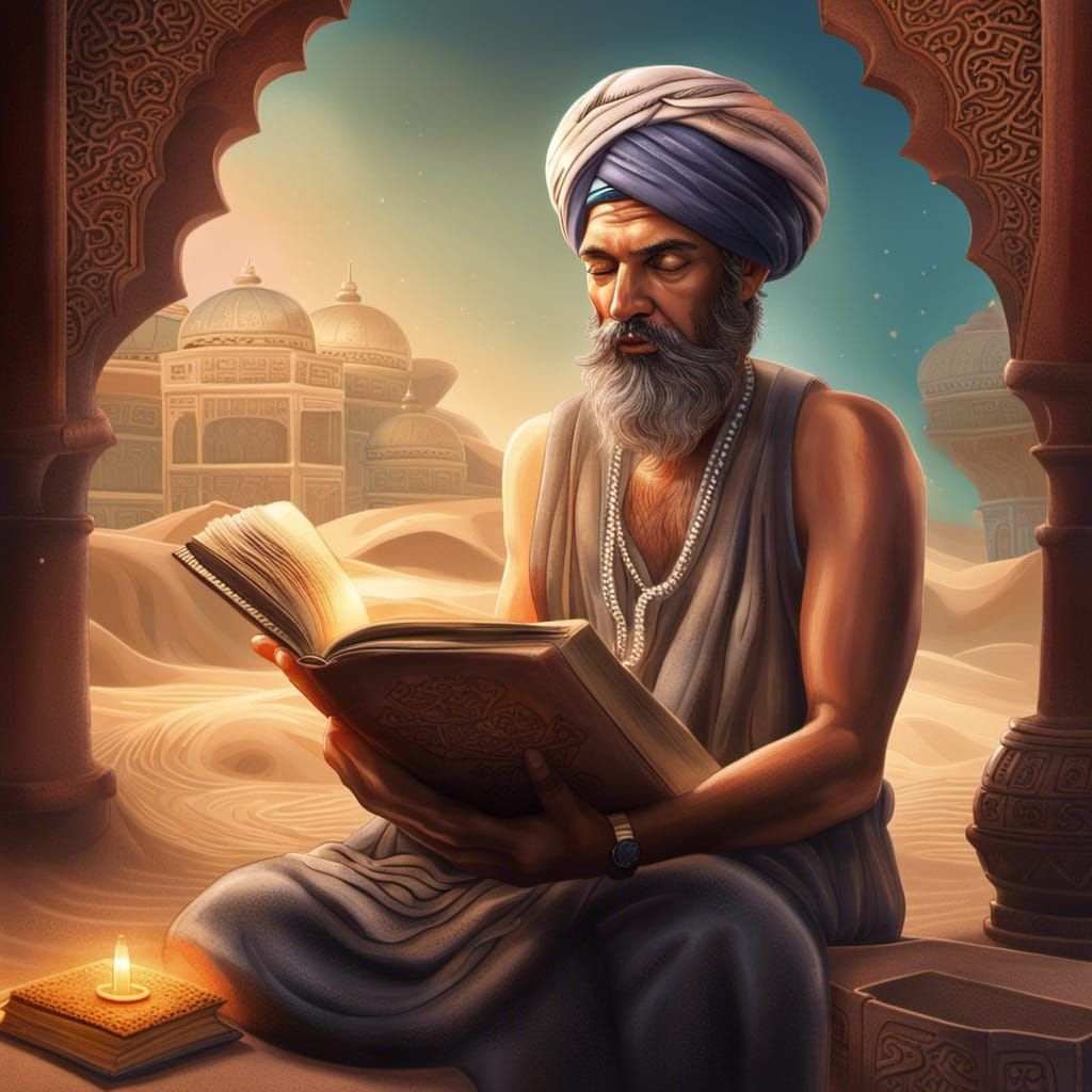 a book made out of sand read by a man with a turban