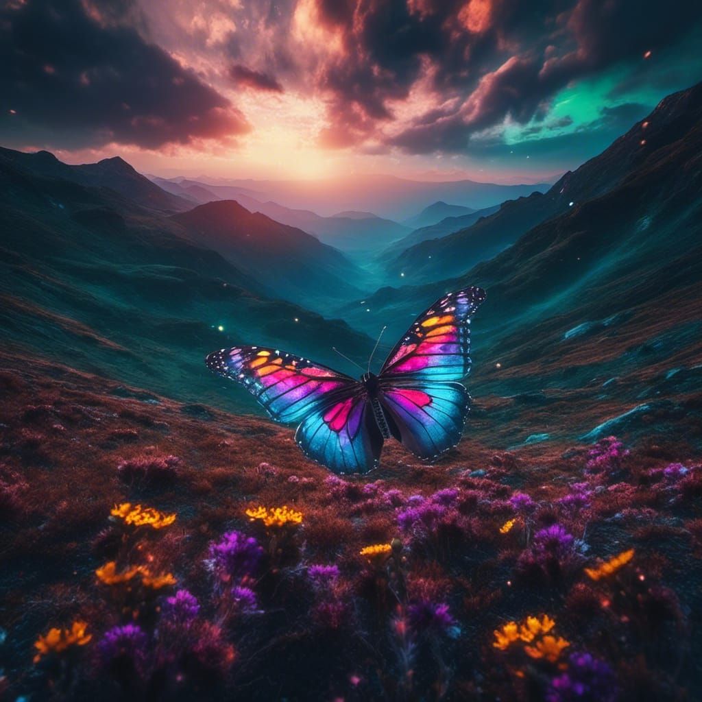 Mystical Butterfly with Galactic Wings at Sunset