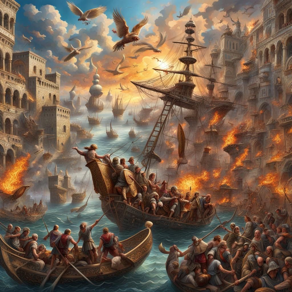 a mosaic fresco representing the attack of the craken, brigh...