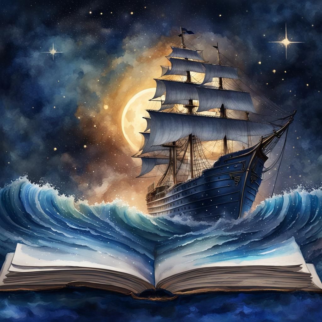 mystical watercolor painting of a ship sailing a dark blue sea within a huge book its pages at midnight, ...  by @Carrie Parr 