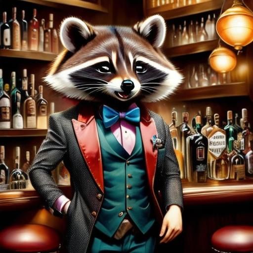<lora:FairyTails v8:1.0> Anthropomorphic raccoon bartender