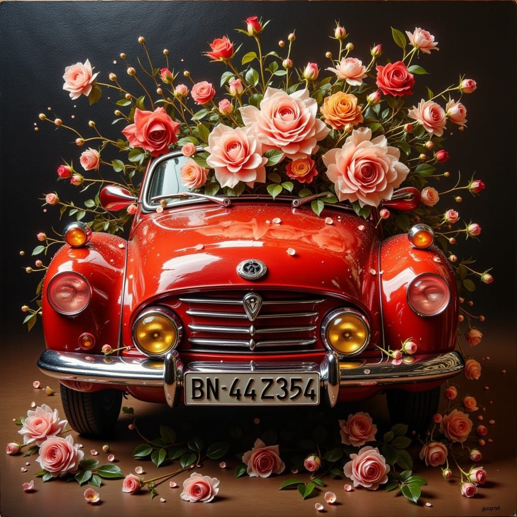 Vintage Red Car Adorned with Roses in Impressionistic Style