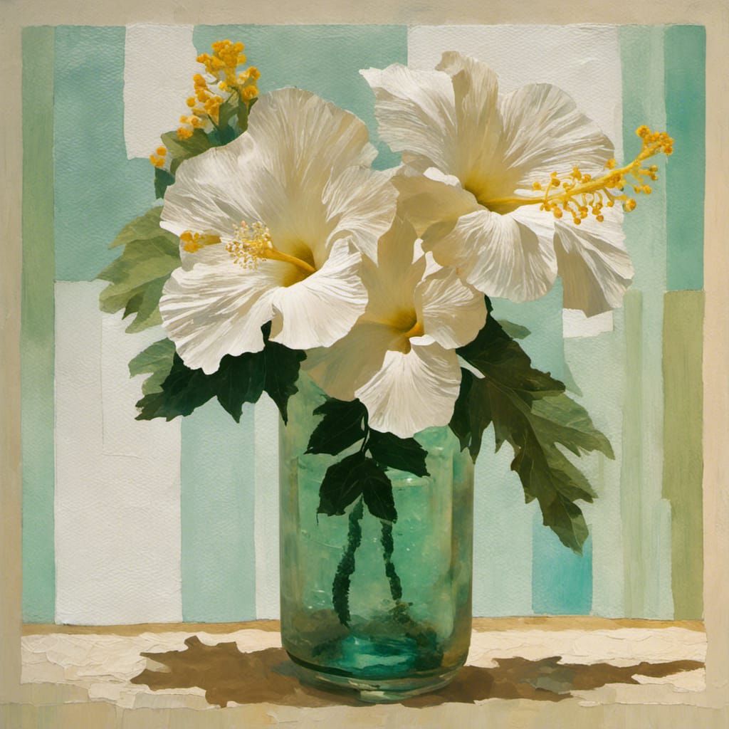 3d Still Life Paper Collage, White Hibiscus Flowers in Frost...