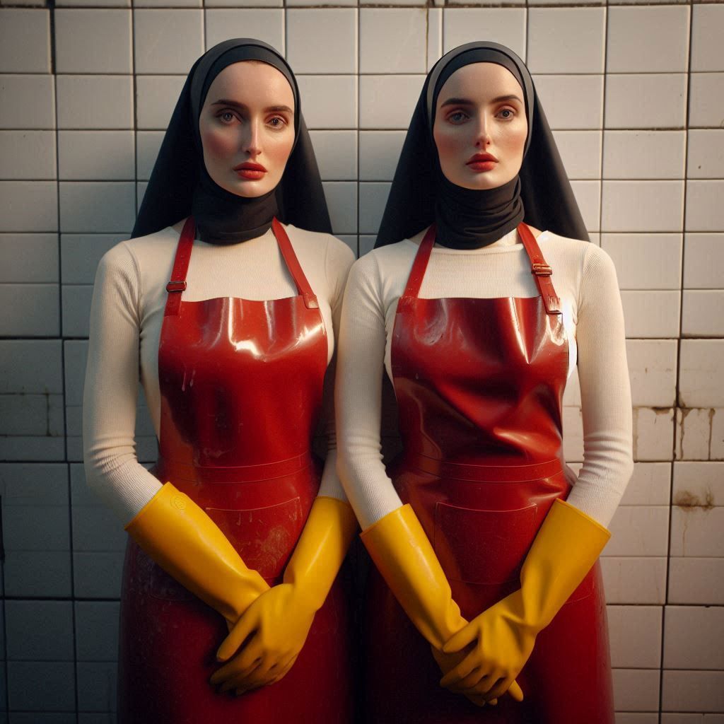 Two 25 year old scottish women with stoic facial expression,...