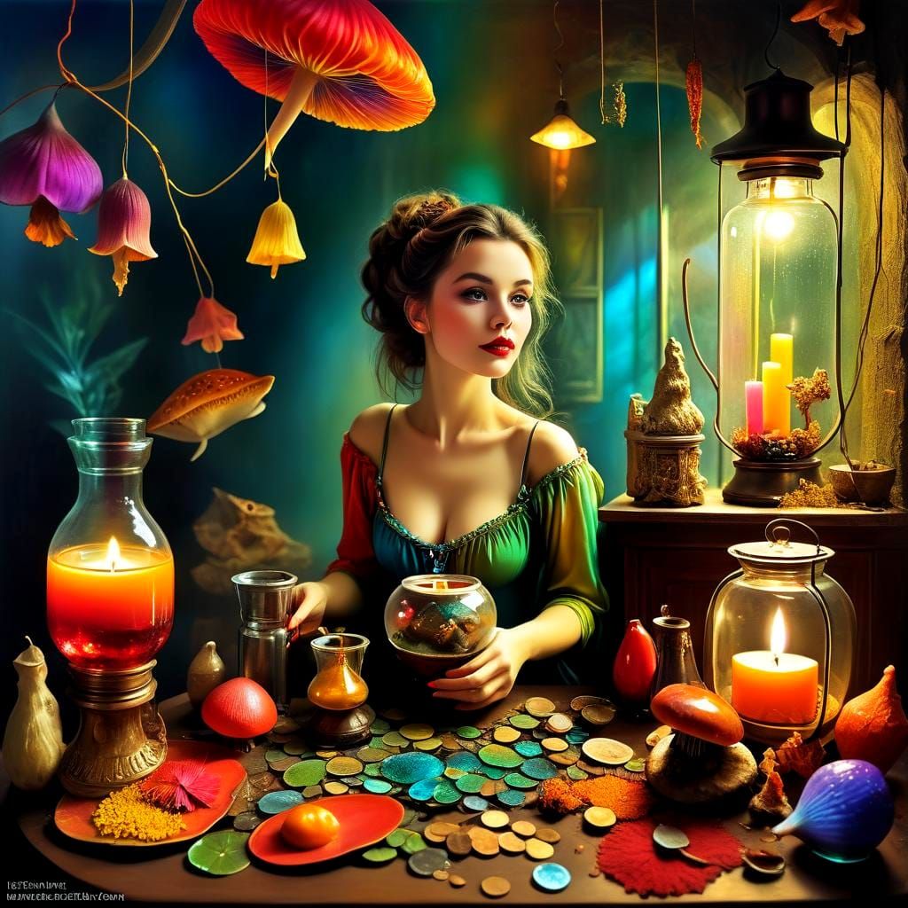 Surrealistic Lady in a Fantastic Scene with Mysterious Symbo...