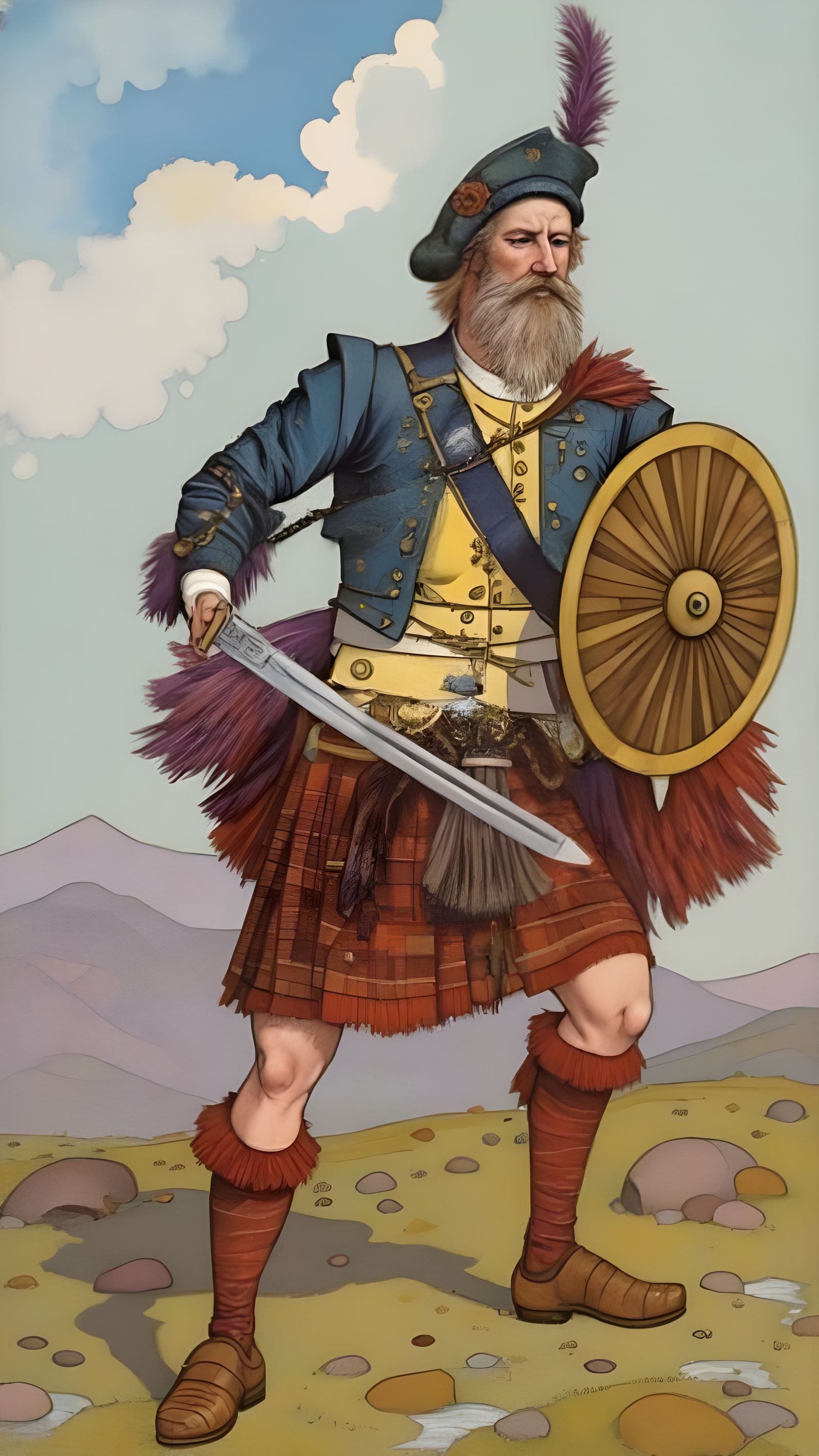 <lora:Magic Loch DLUX:1.0> A Scottish clansman from the highlands at Culloden Moor. He charges with a sword and targe shield. Graphic novel.