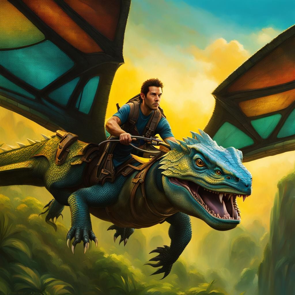 Jake from Avatar on his flying lizard Hyperrealistic, concep...