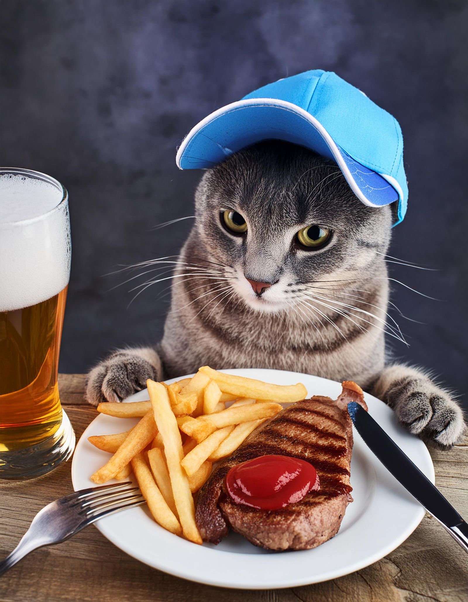 Cat with basecap eating steak with fries ...