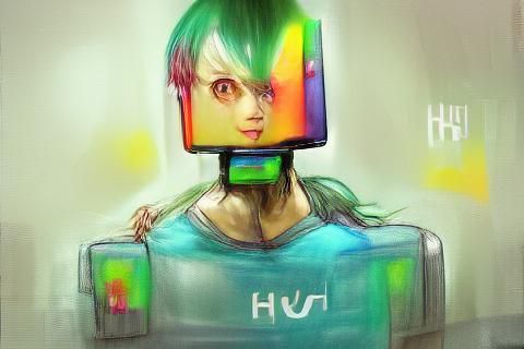 Human with a tv as a head, pixiv colourful concept art