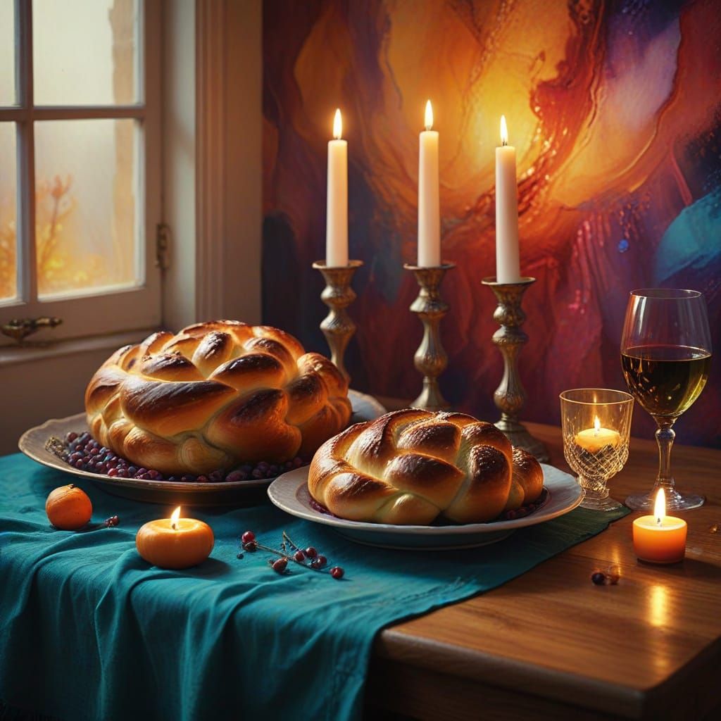 Surreal Shabbat Table in Vibrant Oil Painting