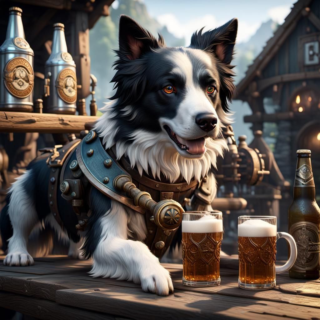 Border collie viking dog pouring beer in mechanical fantasy 