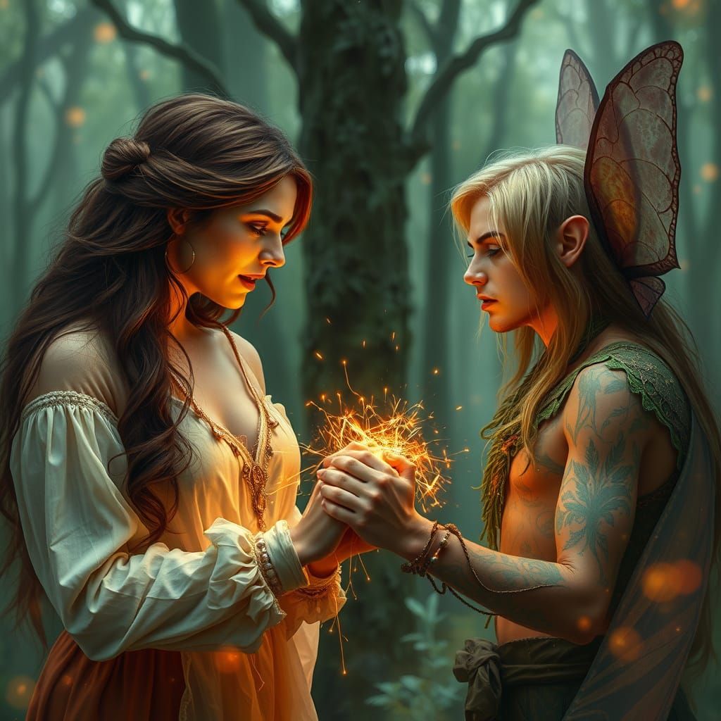 A human and a forest fairy in a magical forest,
