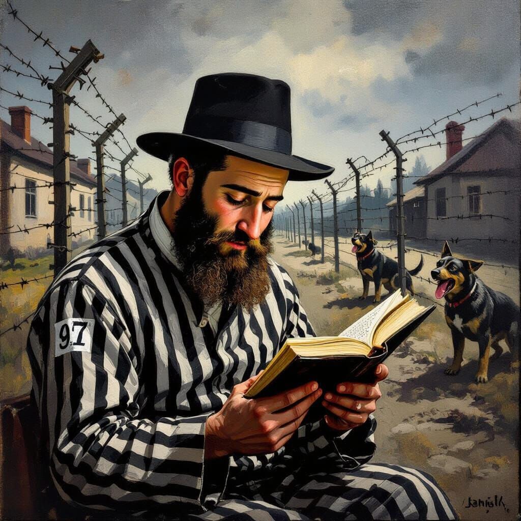Joyful Torah Study in Auschwitz Prisoner Uniform