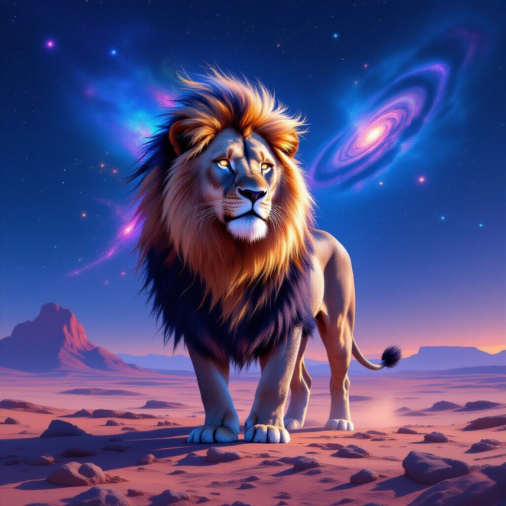 Cosmic Lion on Alien Planet in Surreal Style