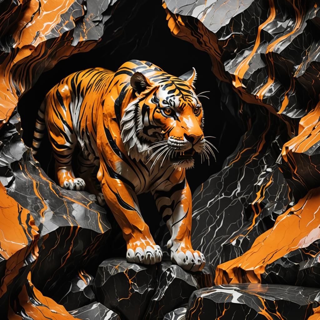 Orange and black made of marble Tiger in cave