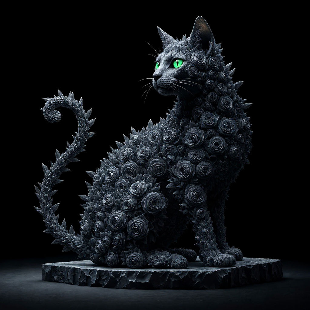 <lora:Abstract Reality:1.0> <lora:Ethereal Magic Flux:1.0> Design a detailed sculpture of a cat crafted entirely from black roses. The cat s...
