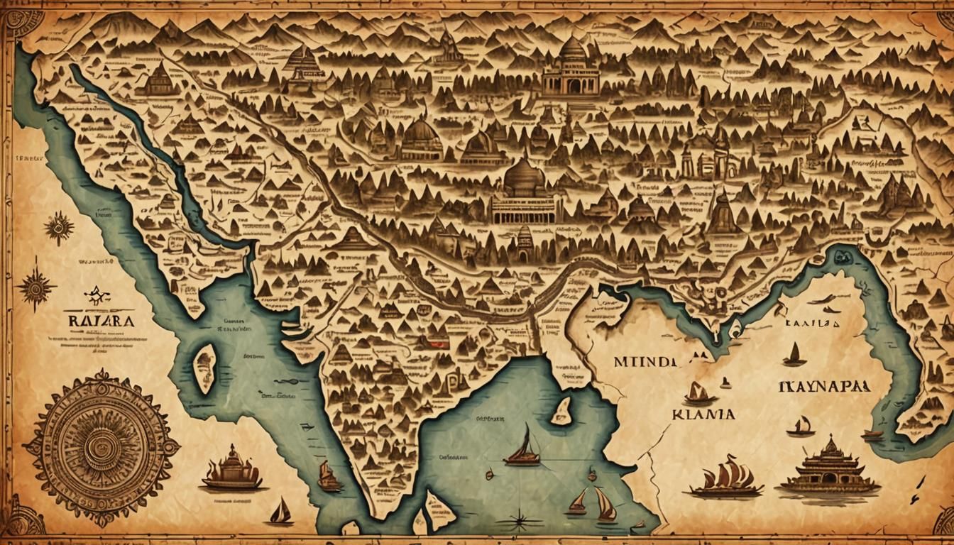 An artistic and detailed map of ancient India on a parchment-like texture. Highlight key historical regions and cities with small illustrati...