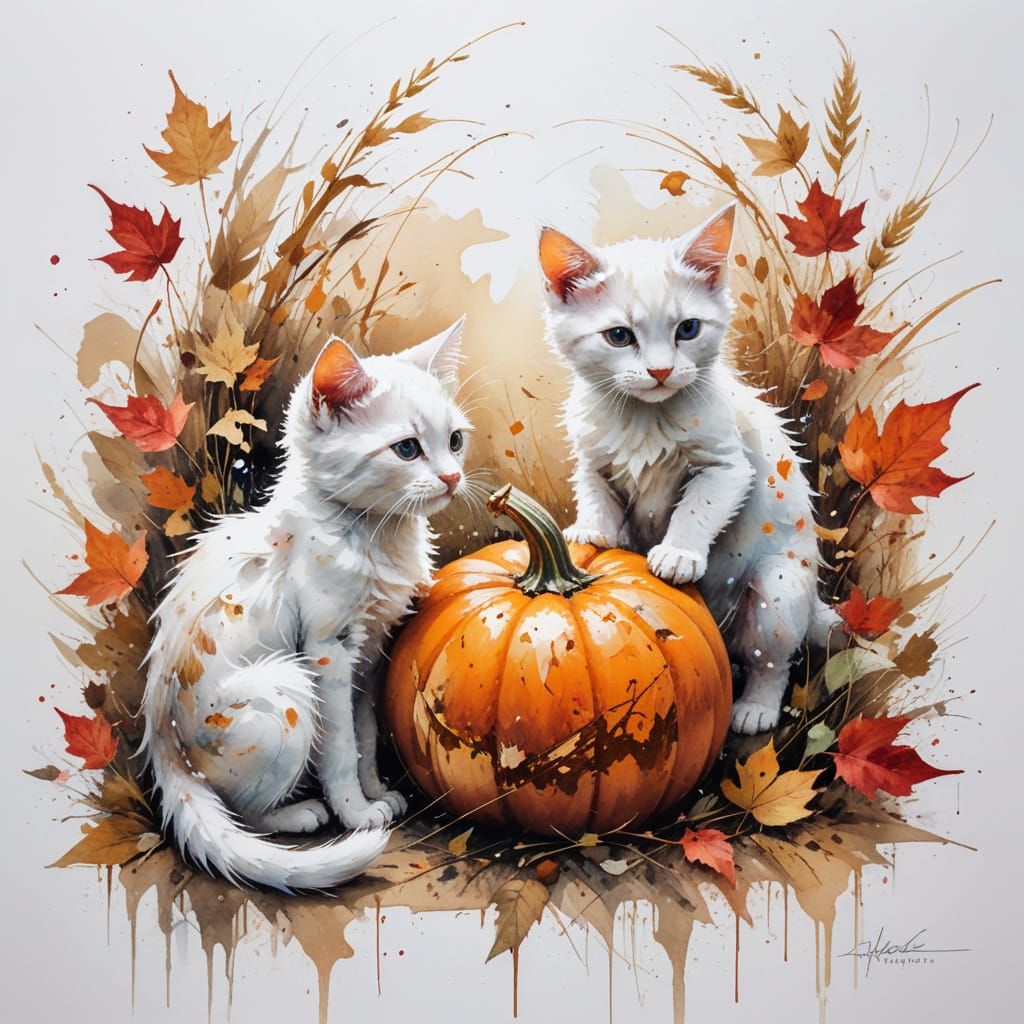 Autumn Kittens Explore Pumpkin Patch in Folk Art Style