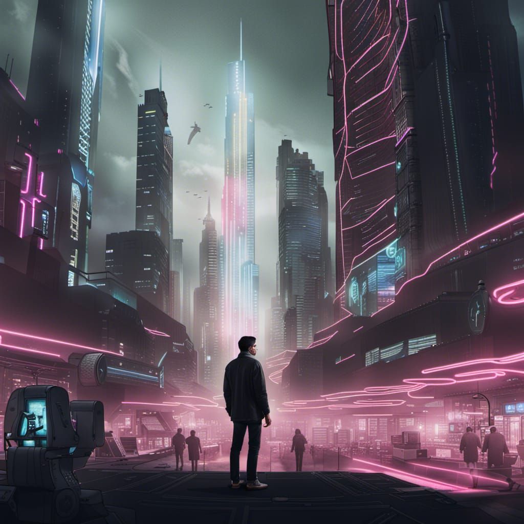 cybercity in its prime with neon light everywhere and a man staring ...