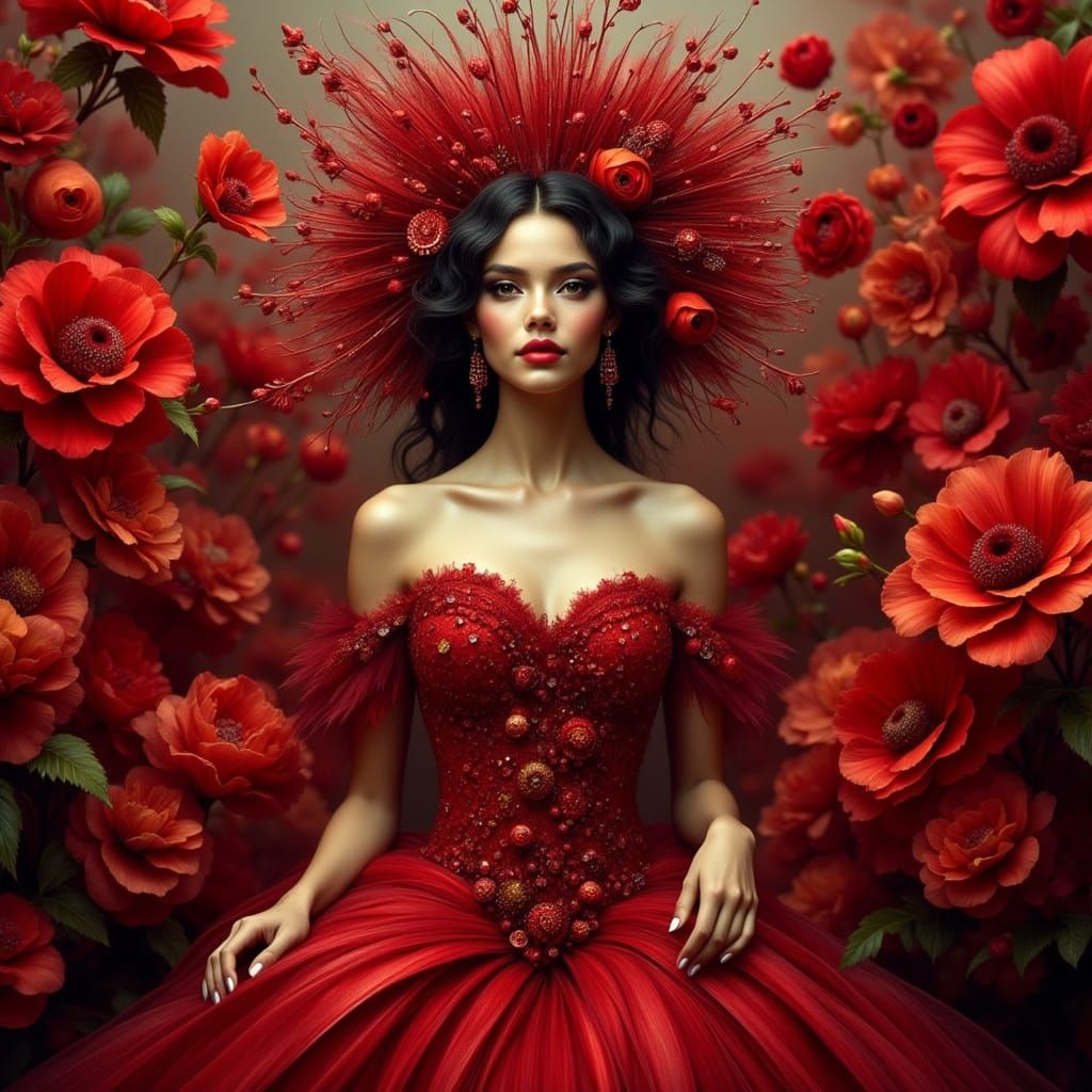 Ethereal Woman in Scarlet Gown Amidst Autumn Flowers