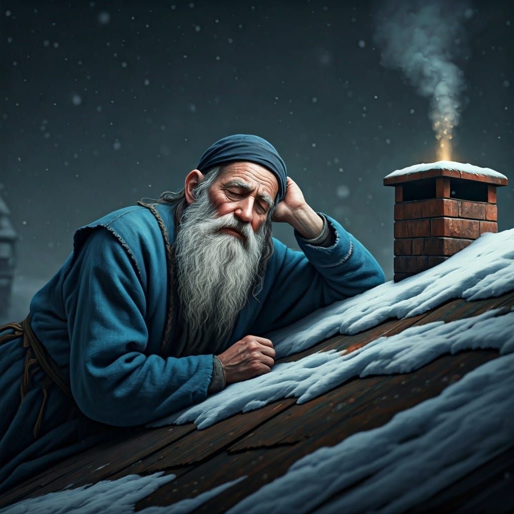Elderly Rabbi Listens for Mystical Sounds in Snowy Winter Wo...