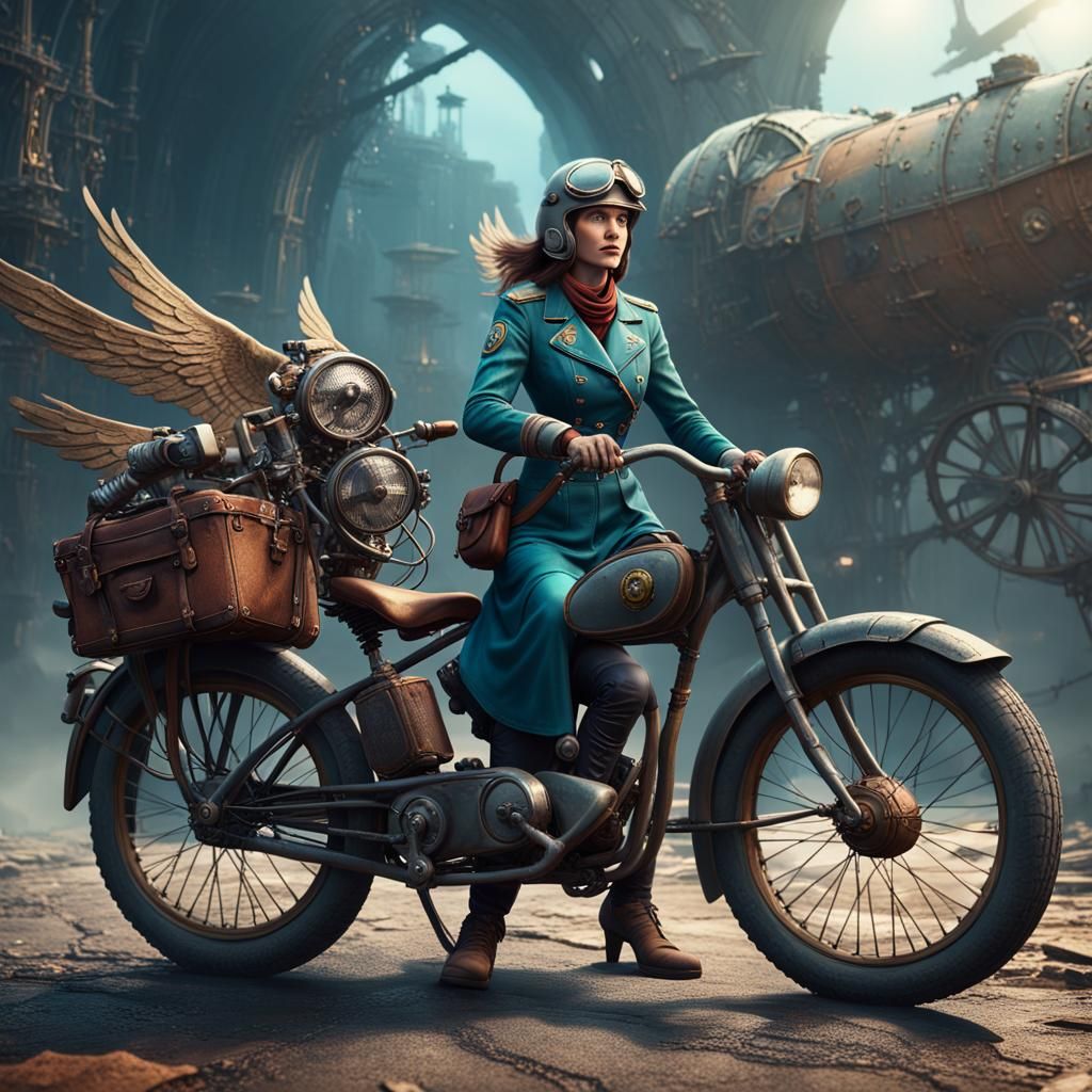 A woman pilot a old bike