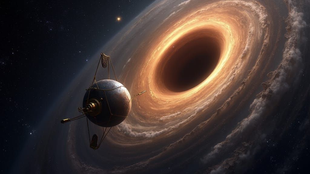 Space Probe Voyager I Approaching the Event Horizon of a Black Hole, space HDR, telephoto lens digital art, volumetric lighting minimalism 
