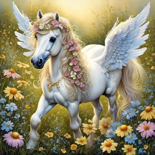 <lora:Fairy Animals:1.0> Adorable Fairy Shetland pony, beautiful, detailed, field, wildflowers, watercolor and ink, Lisa Parker, Todd Lockwo...
