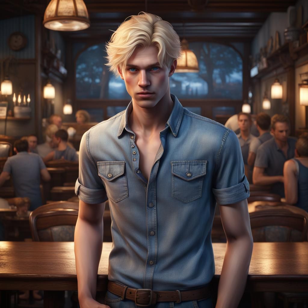 Very pale young man with blond hair and pale blue eyes, wear...