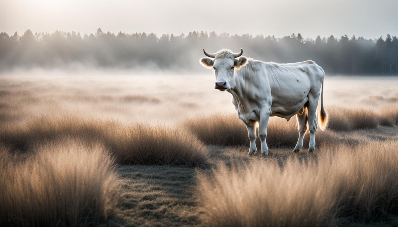 White cow on an early morning 