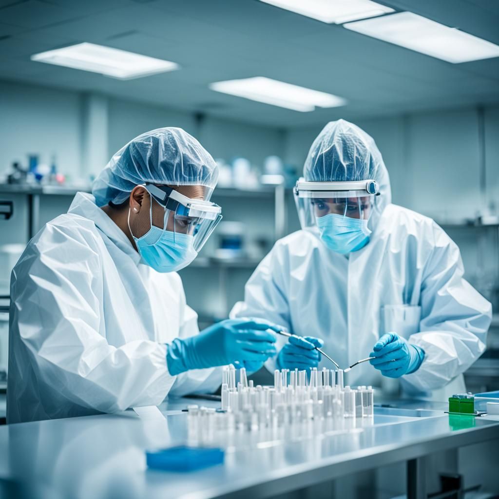 In a sterile laboratory, scientists in protective suits cond...