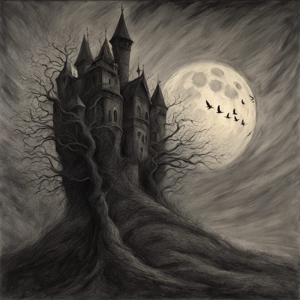 A dark fantasy scene inspired by Little Red Riding Hood, a young girl in a flowing red cloak sitting on a twisted tree branch overlooking a ...