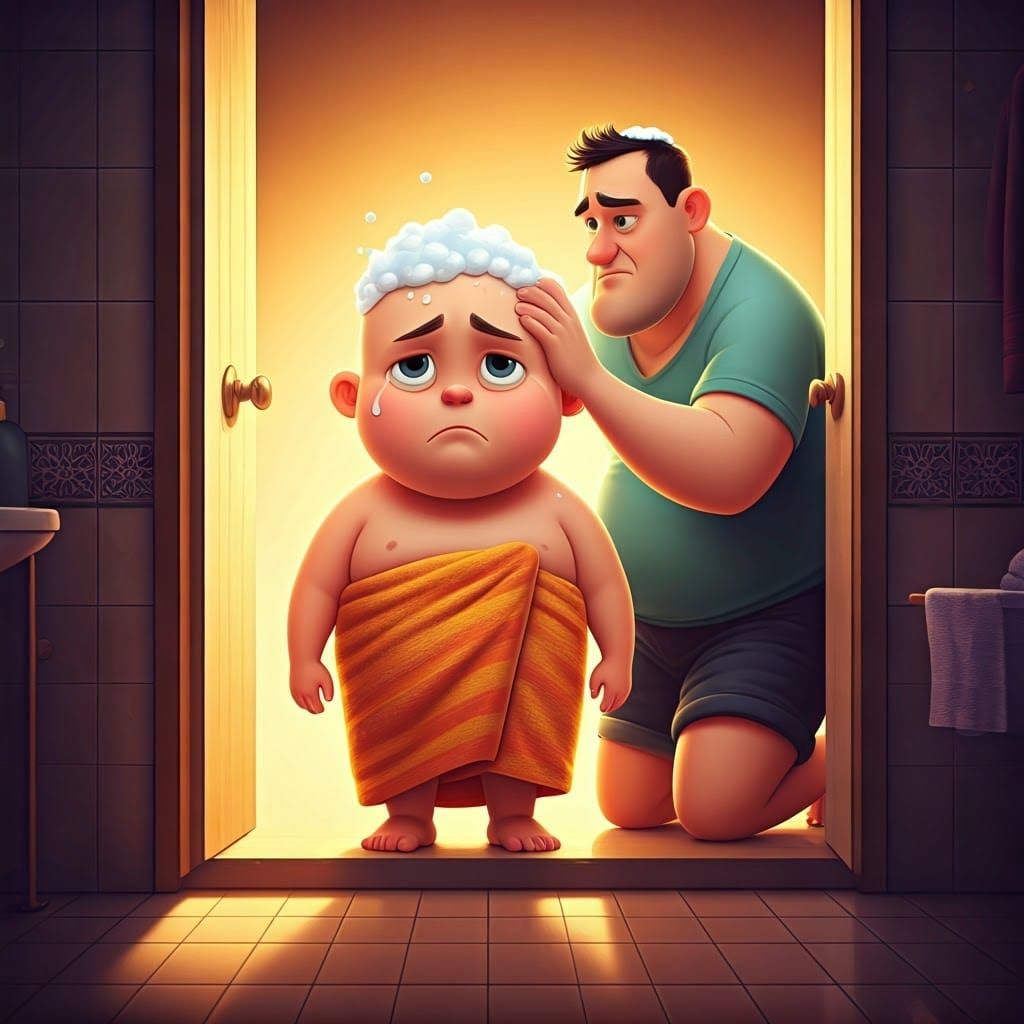 Finally, the bald and chubby boy is ready to enter the bathr...