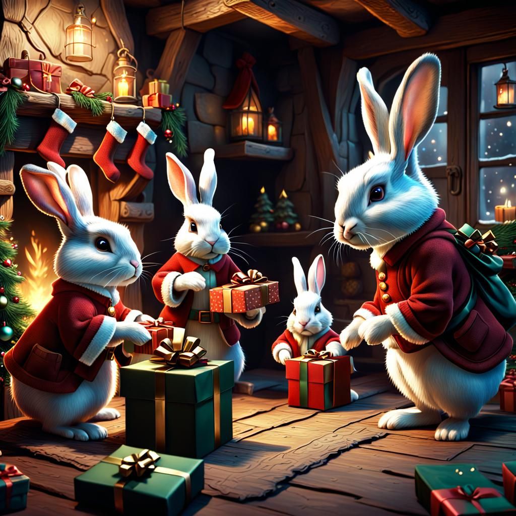 A Little Family Of Rabbits (Mom and Dad) and toddler rabbits exchanging Christmas gifts in their cozy ...  by @Keoni 