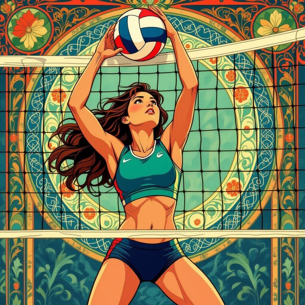 Volleyball Block in Art Nouveau Style