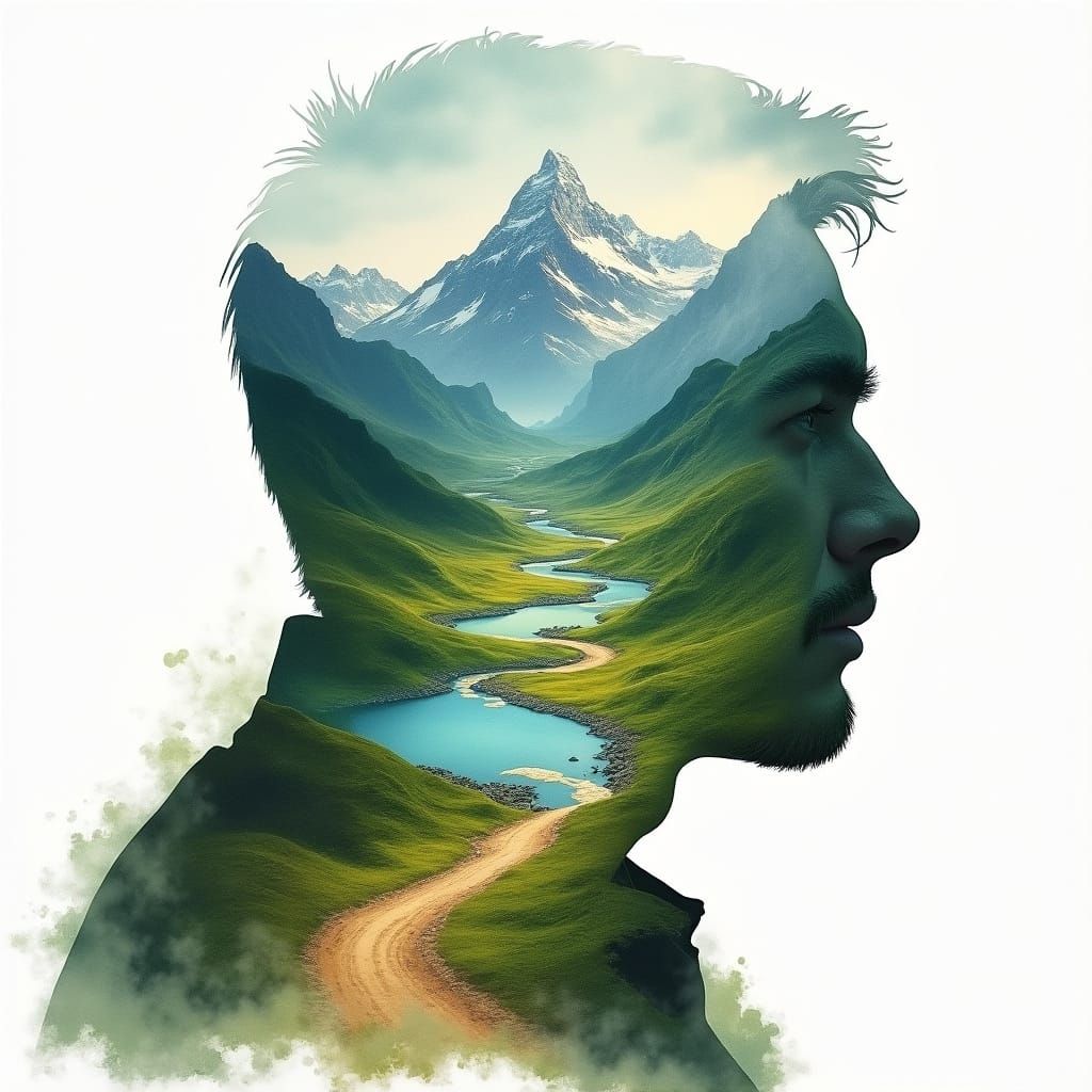 Man and Mountain: Watercolor Portrait with Ink Splashes