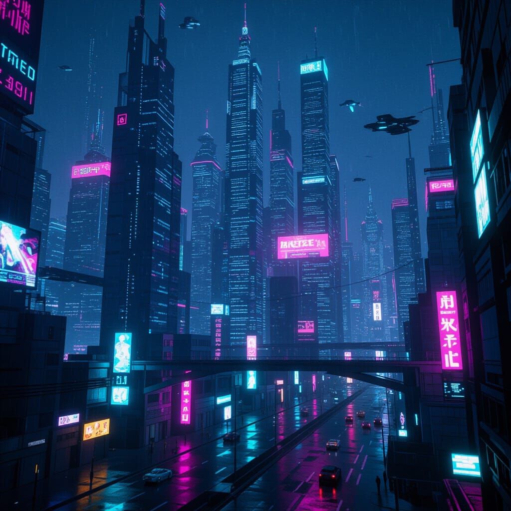 a futuristic city, with tall buildings, lights and modern