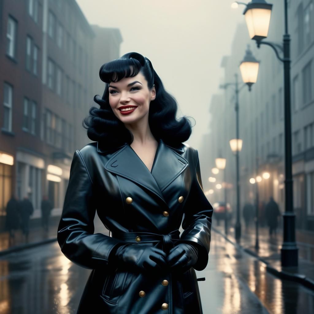 lovely 1950's model Bettie Page, looks chic in a oversized, ...