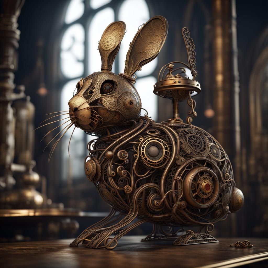 wire and filigree sculpture of rabbit, gold, silver, rusty metal ...