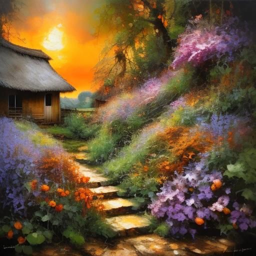 Sunset on the flower garden