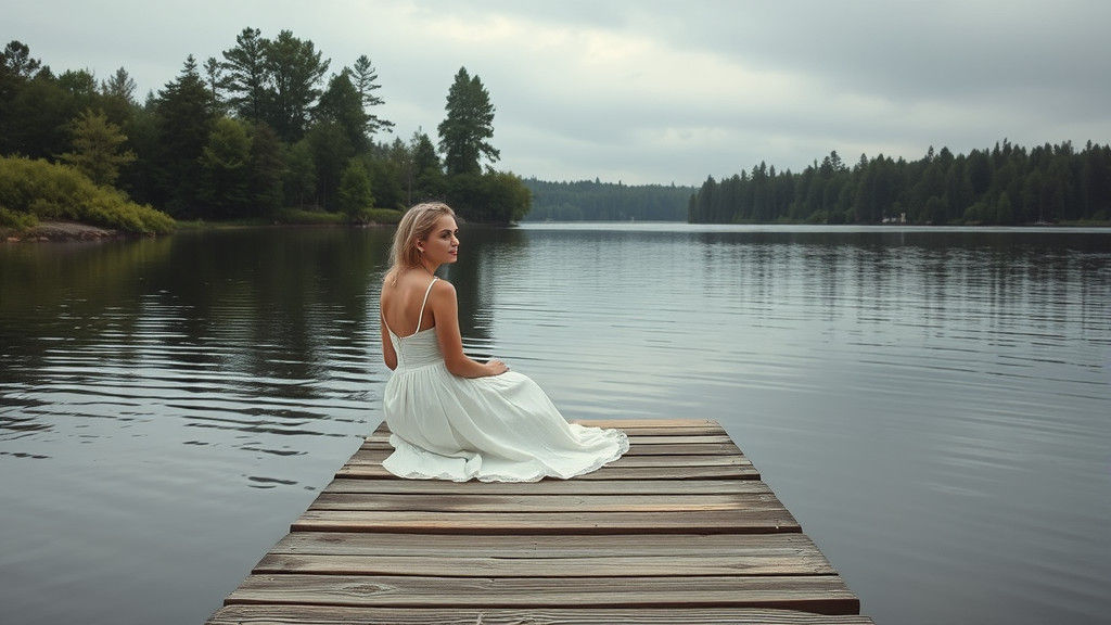 "A peaceful lakeside scene under an overcast sky, with muted colors and soft reflections."