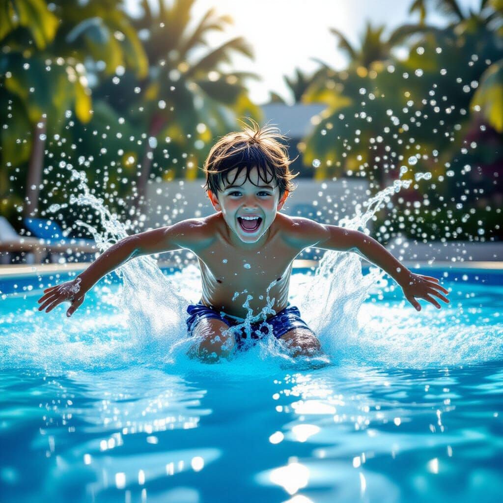 Boy Leaping into Pool with Divine Aura