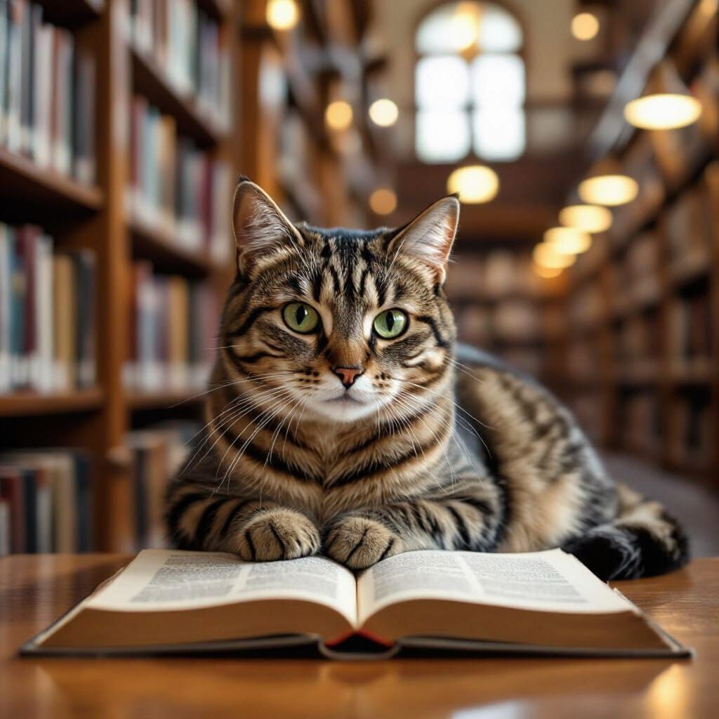 Silver Tabby Cat Reading in Cozy Library Corner