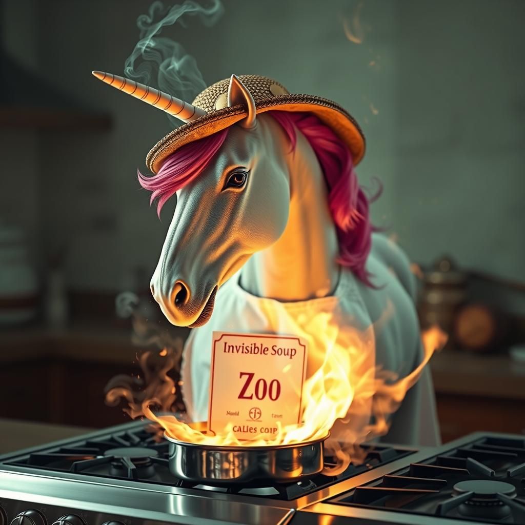 A unicorn wearing a traditional toque and a white apron, cooks a sizzling “can of Invisible Soup” on a stainless steel stovetop, with a labe...