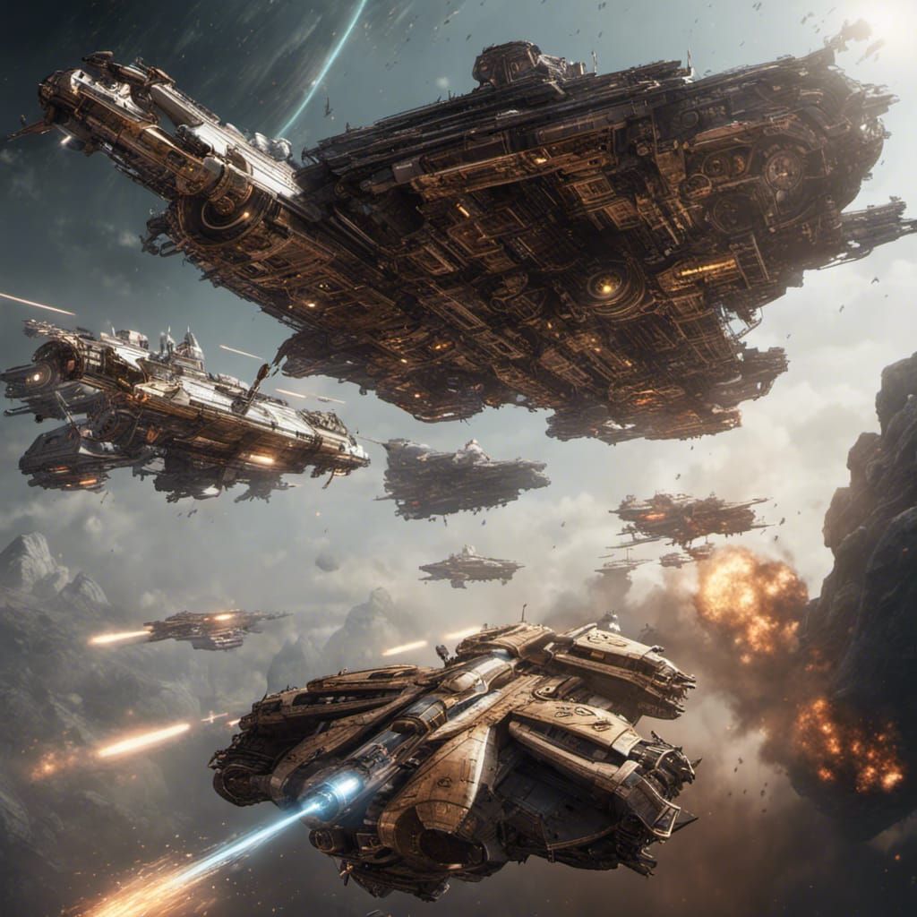 Steampunk superdreadnought Starship in a space battle with other ships 3D Game Cinematic Feel, Epic 3D ...  by @undefined