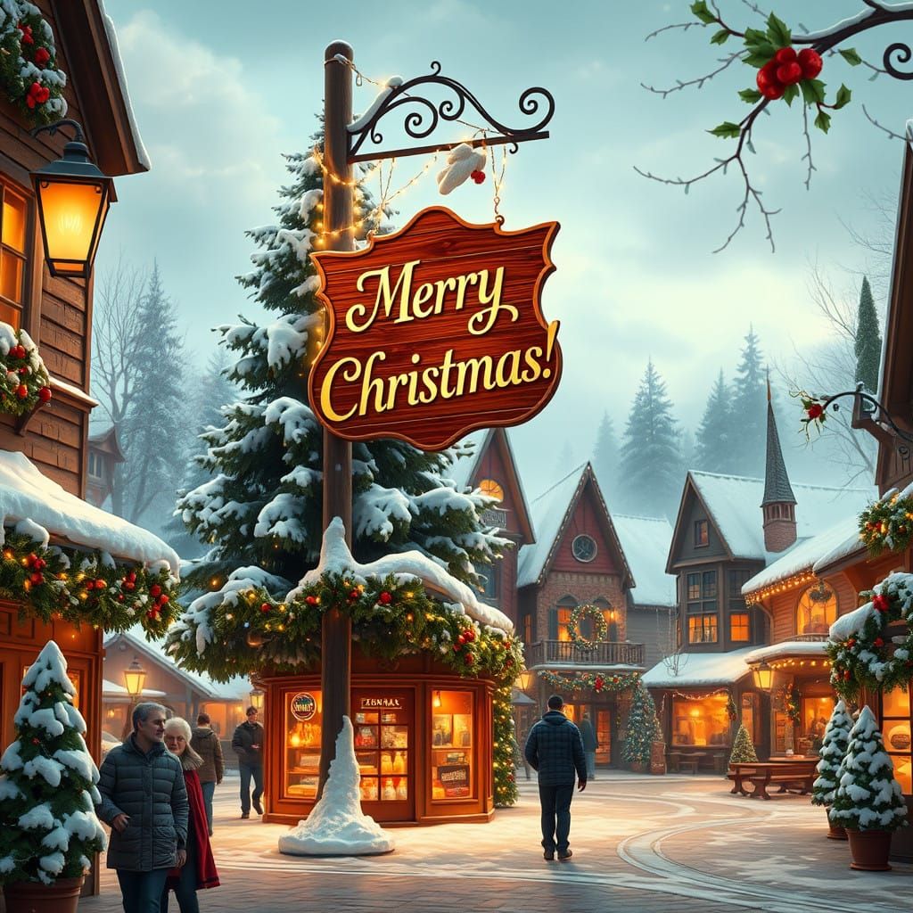 A wintery scene of an Americana town during Christmas time, very festive atmosphere with a sign that says "Merry Christmas!"